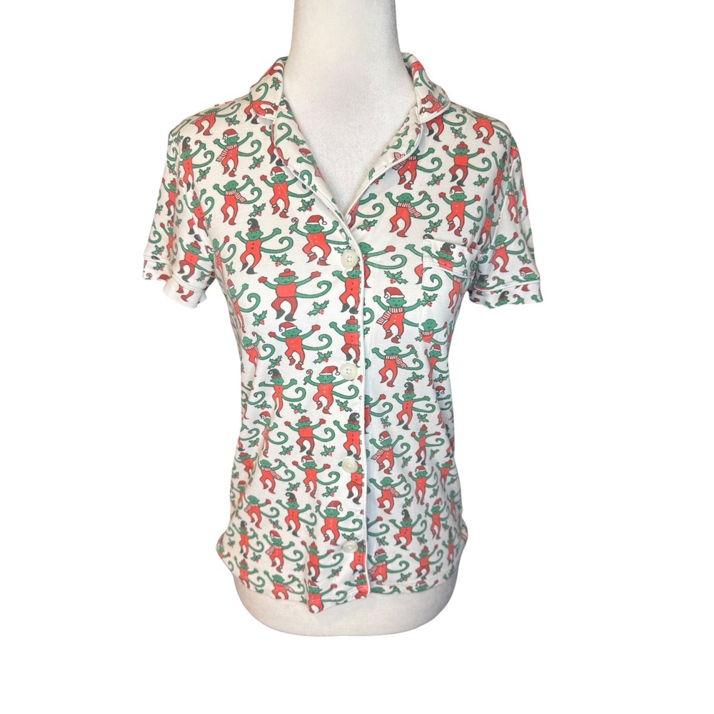 Roller Rabbit Christmas Monkey Pajama Top XXS Pima Cotton Short Sleeve White Red